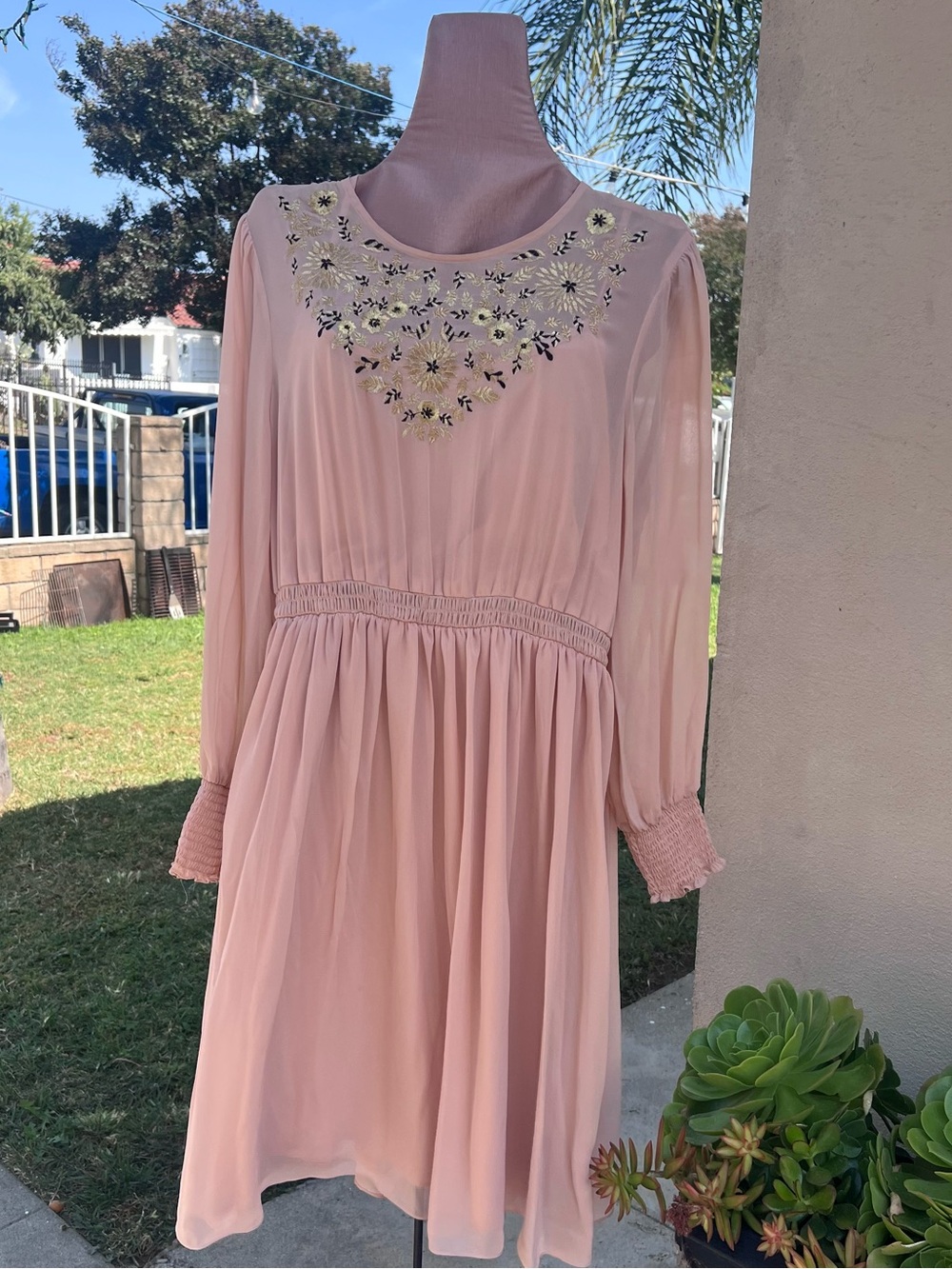 Nanette Lepore Blush Pink Embroidered Long-Sleeve Dress